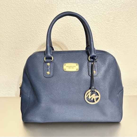 Michael Kors Handbags - Michael Kors Large Navy Saffiano Leather Satchel Zip Tote Bag Gold Tone Hardware